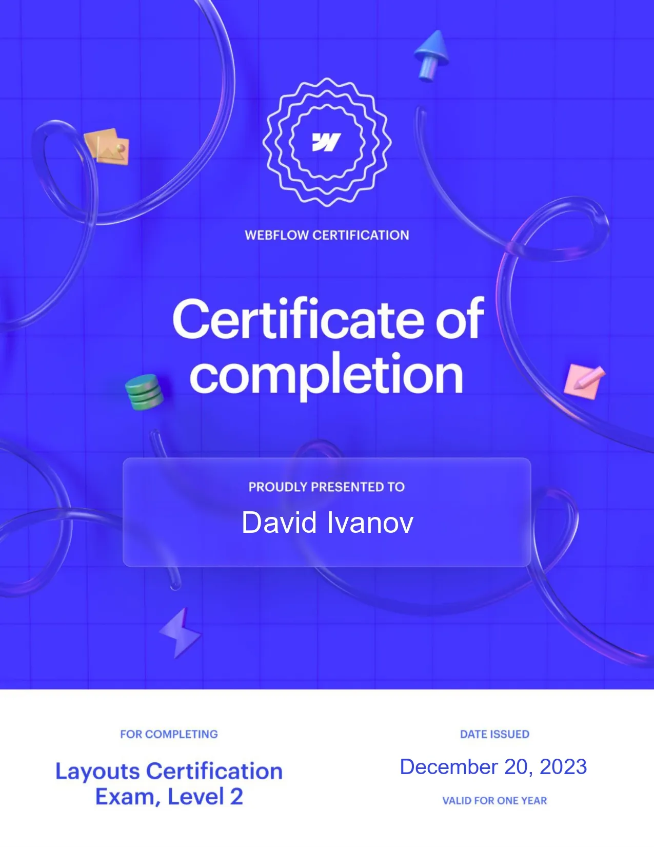 A certificate of completion with a blue background.