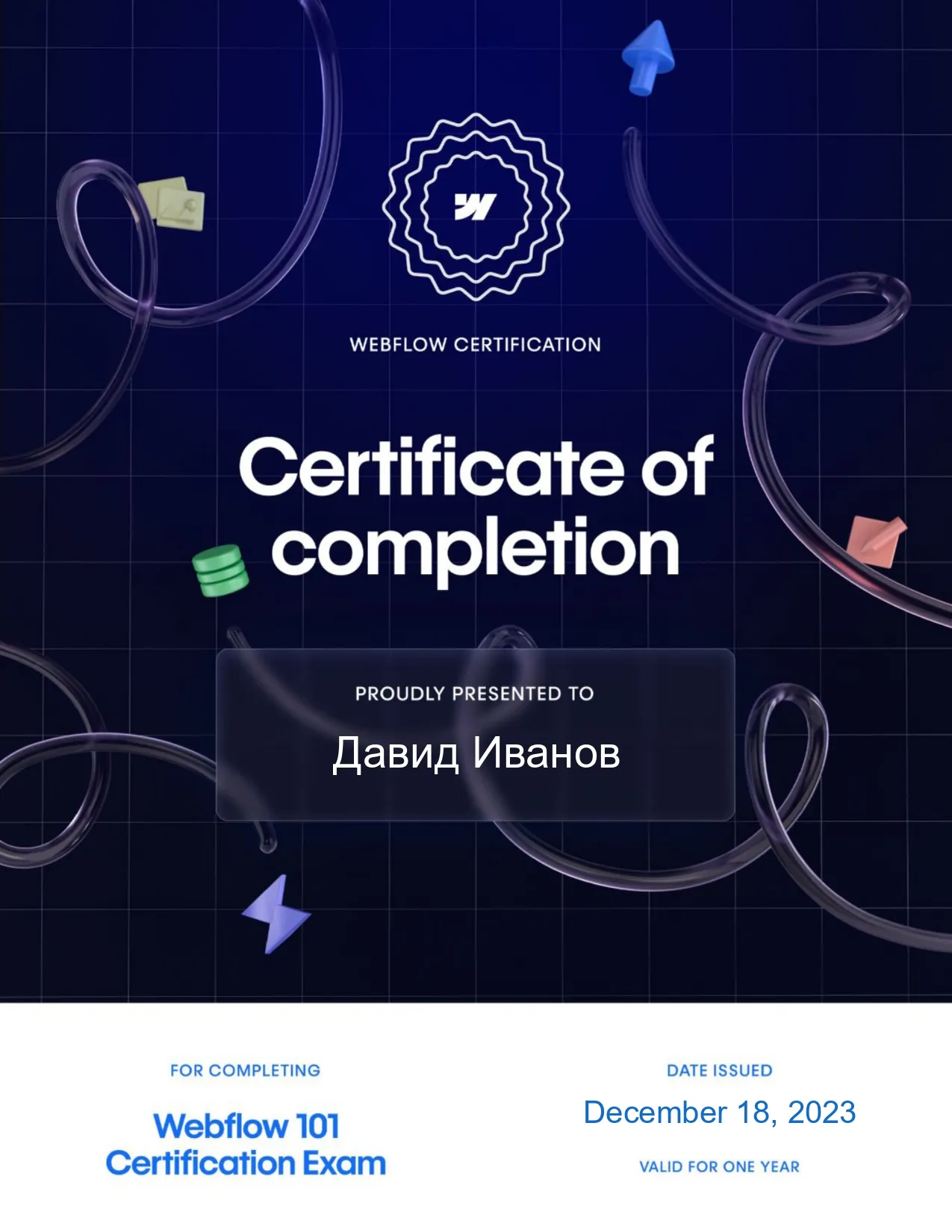 A certificate of completion with a blue background.