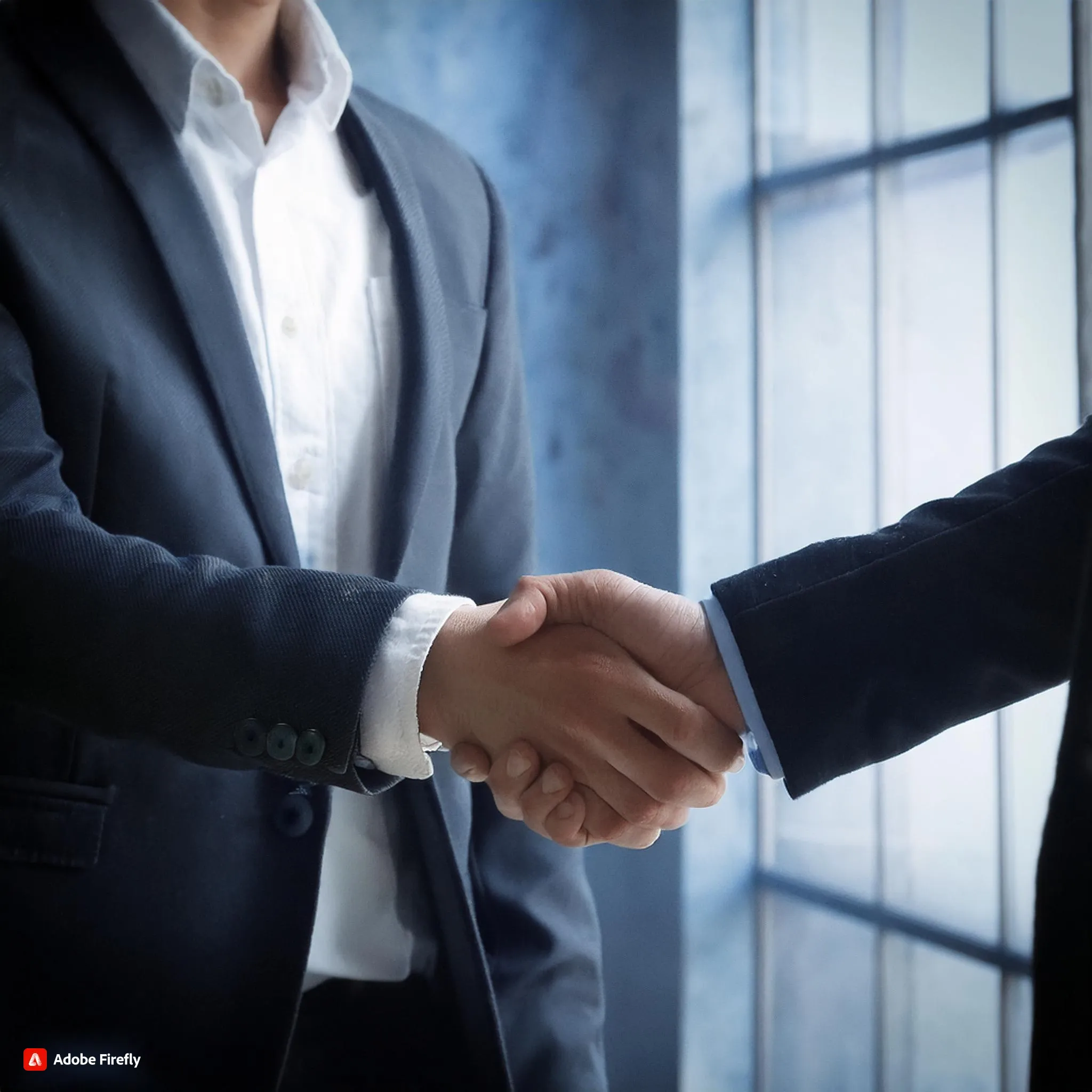 Two men shaking hands in front of a window.