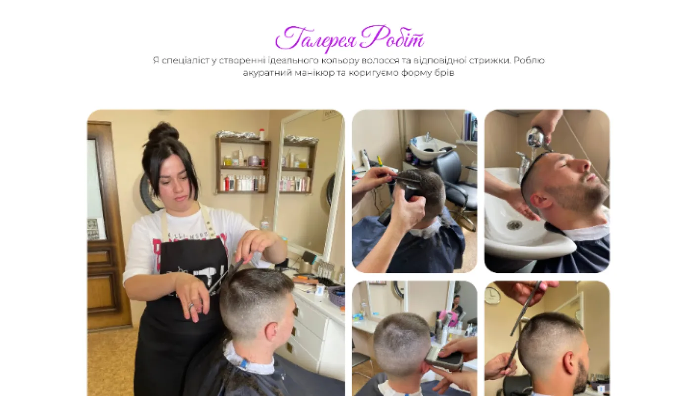 A woman cutting a man's hair in a barber shop.